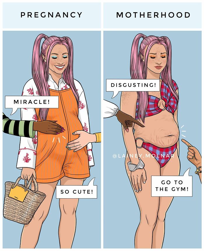 An artist created comics about women's Social Stereotypes about pregnancy and motherhood