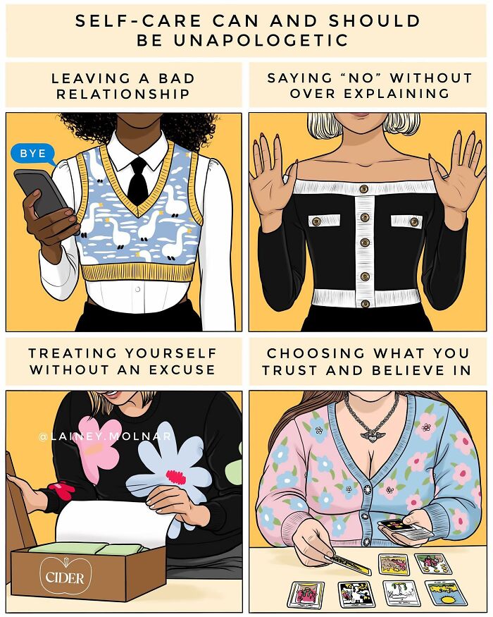 An artist creates comics about women's Social Stereotypes  about self-care
