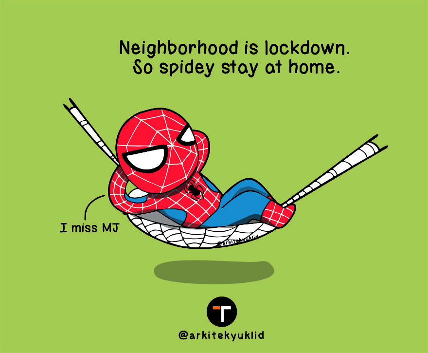 Superhero as Spiderman spending his life during quarantine
