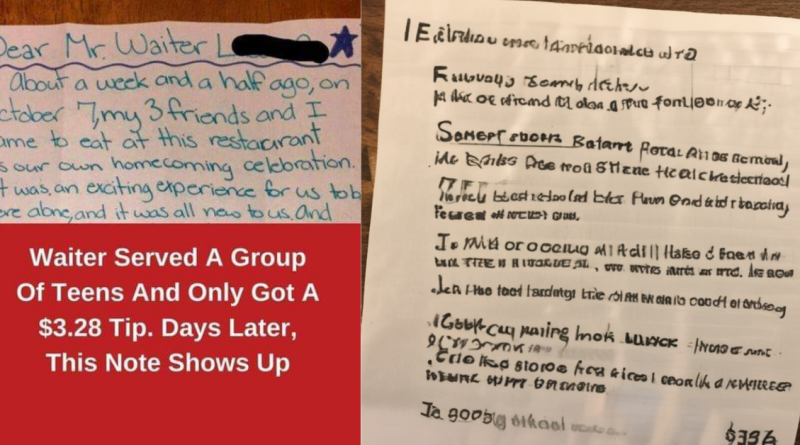 Waiter Served A Group Of aTeens And Only Got A $3.28 Tip. Days Later, This Note Shows Up