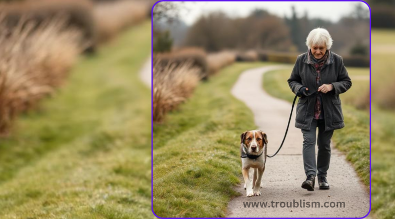 Elderly woman was out strolling her dog