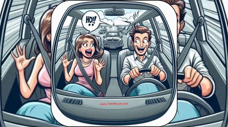 A married couple is driving along a highway doing a steady 40 miles per hour. The husband is behind the wheel