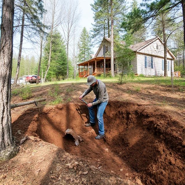 He said he was on a work trip I found him digging behind our lake house instead.