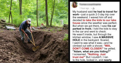 He said he was on a work trip I found him digging behind our lake house instead.